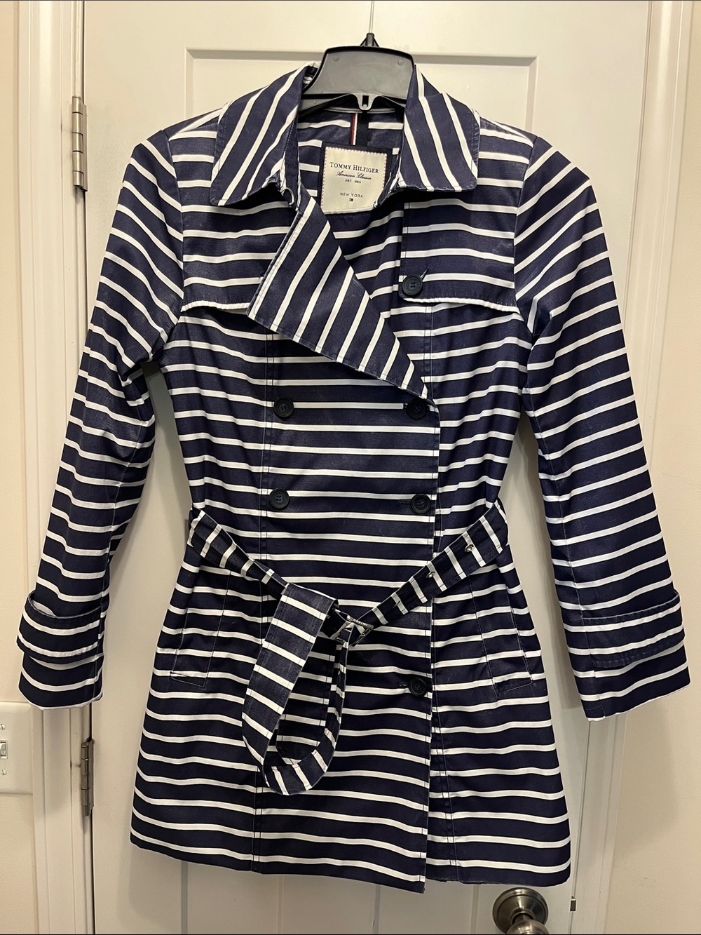 Tommy Hilfiger Navy and White Striped Double-Breasted Trench Coat